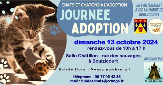 Journée adoption le 13 octobre salle Châtillon à Boulzicourt.